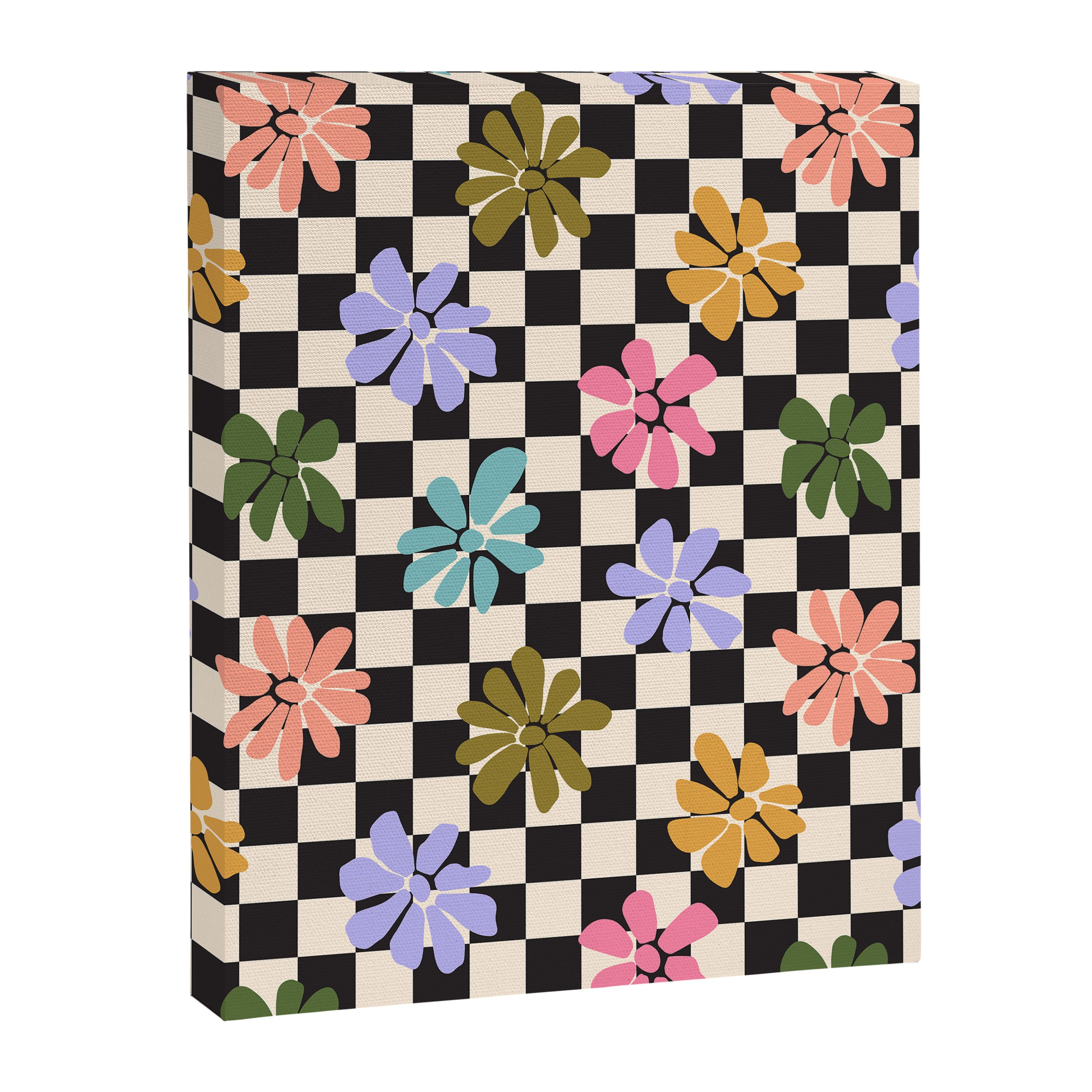 Black and White Checkered - Retro Rainbow Daisies  Canvas Print Gallery Image 8