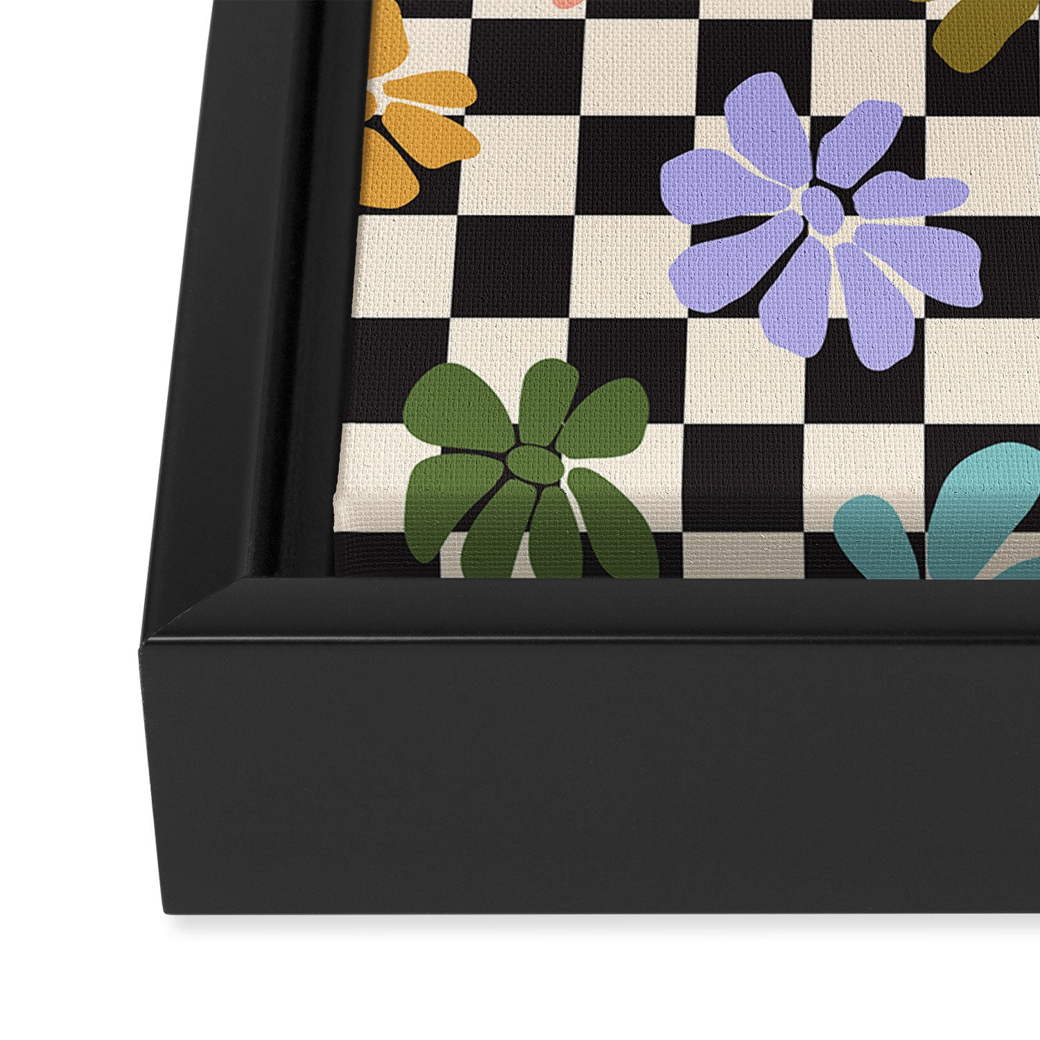 Black and White Checkered - Retro Rainbow Daisies  Framed Canvas Print Gallery Image 3