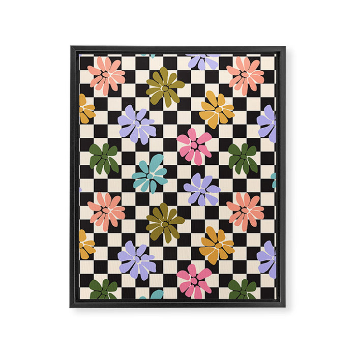 Black and White Checkered - Retro Rainbow Daisies  Framed Canvas Print Gallery Image 1