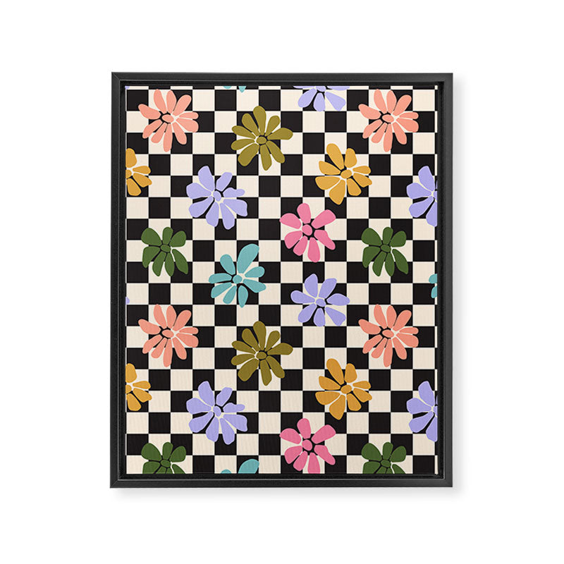 Black and White Checkered - Retro Rainbow Daisies  Framed Canvas Print Gallery Image 8