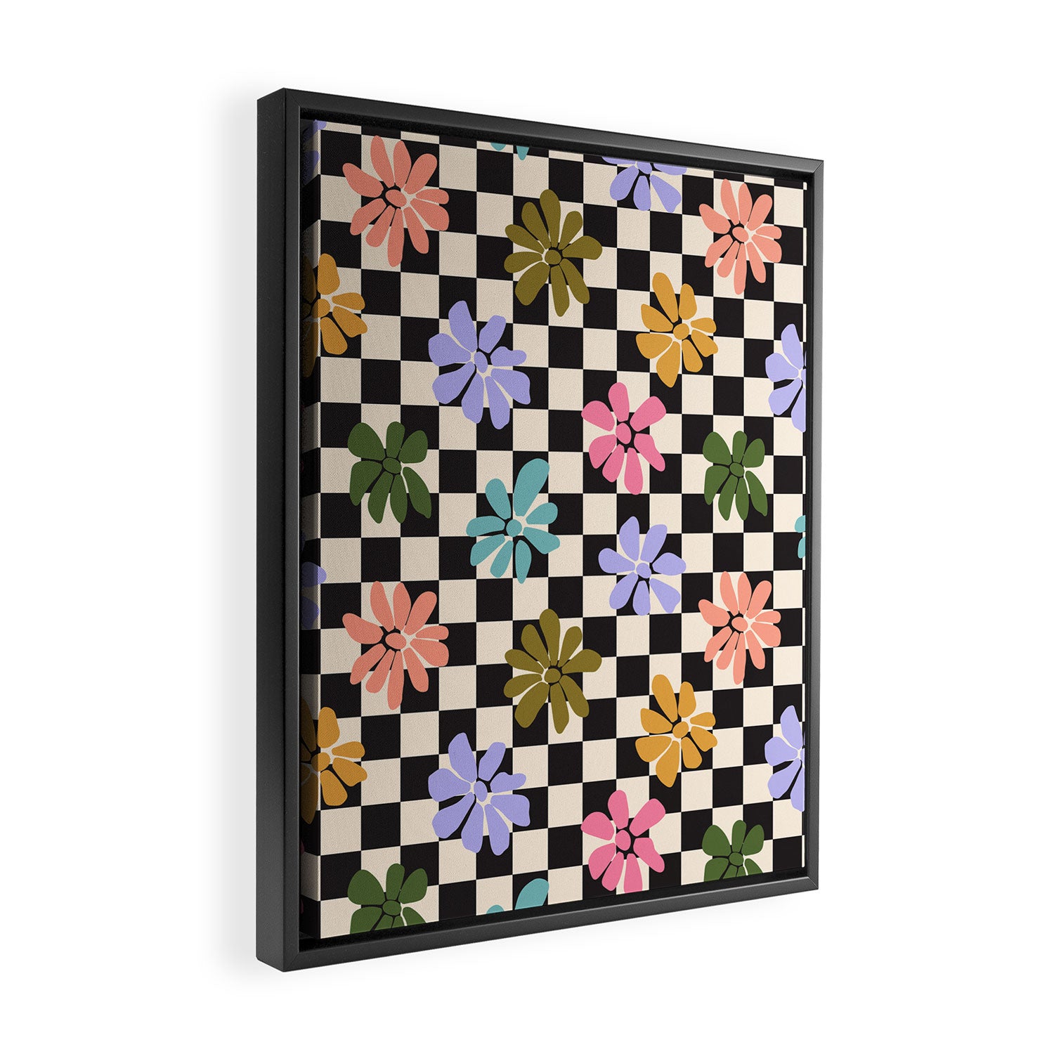 Black and White Checkered - Retro Rainbow Daisies  Framed Canvas Print Gallery Image 2