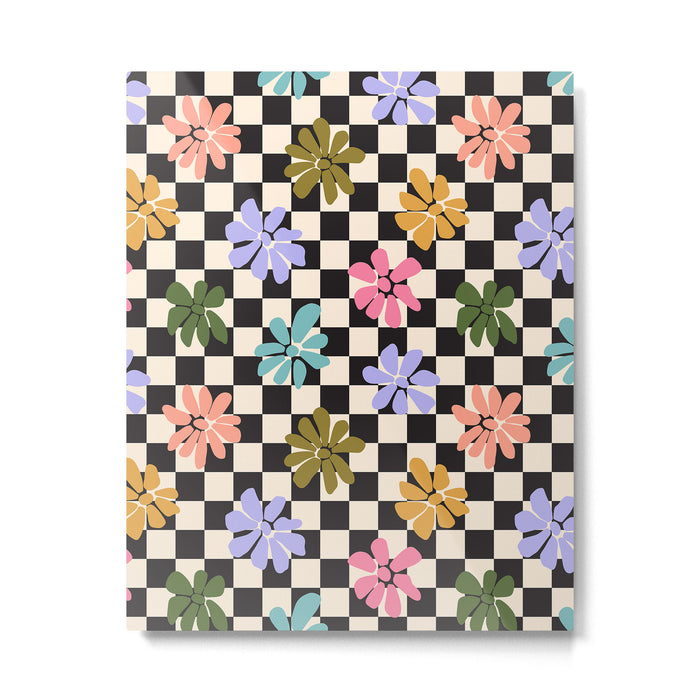 Black and White Checkered - Retro Rainbow Daisies  Metal Print Gallery Image 1
