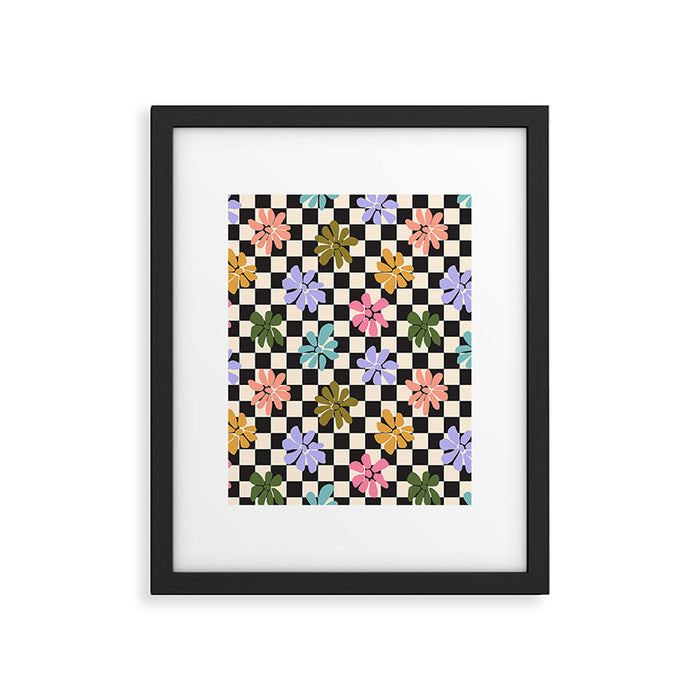 Black and White Checkered - Retro Rainbow Daisies  Framed Art Print Gallery Image 1