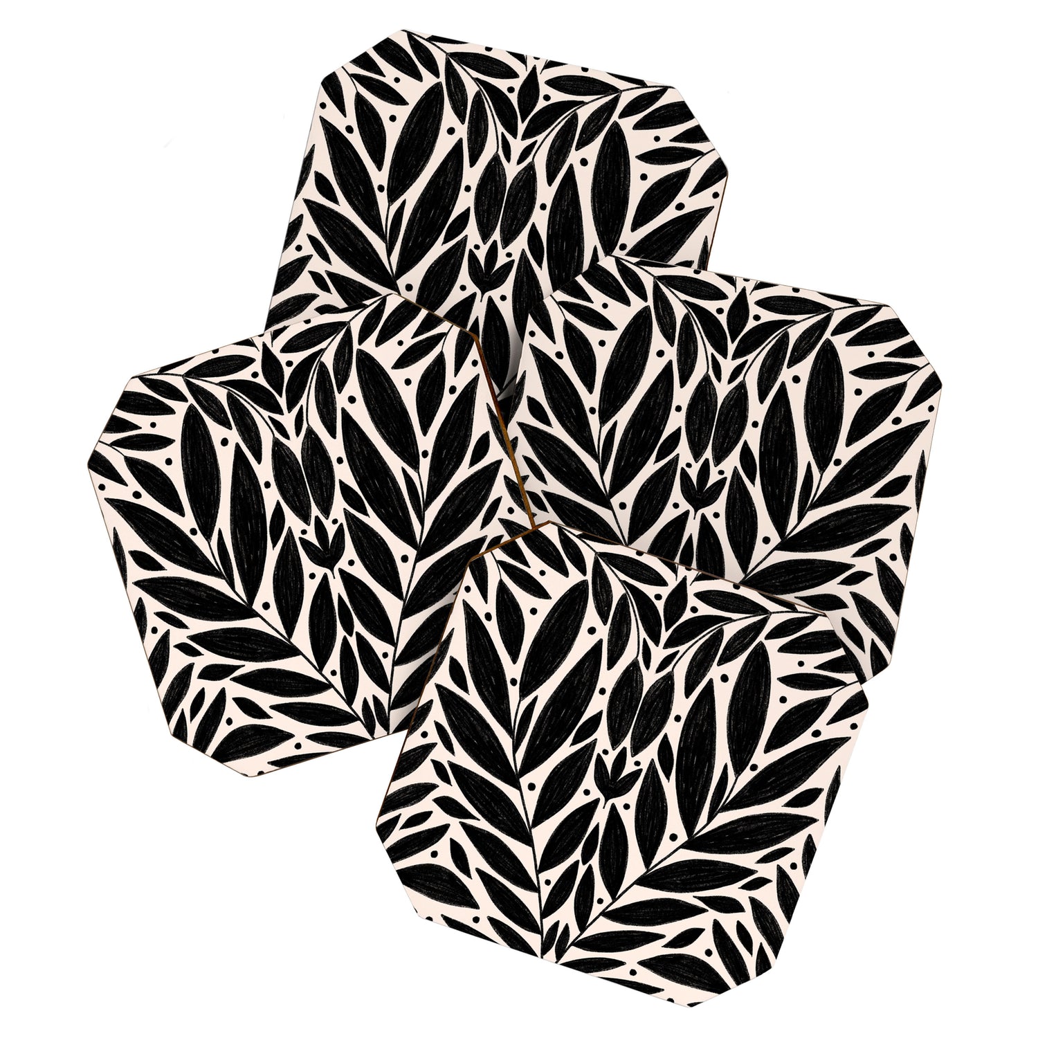 Black and White Folk Leaves  Coaster Gallery Image 1