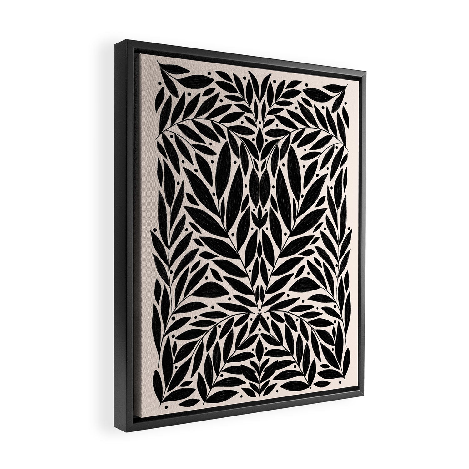 Black and White Folk Leaves  Framed Canvas Print Gallery Image 2