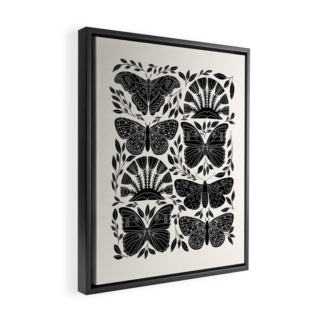 Black & White Retro, Folk Butterfly Framed Canvas Print Gallery Image 2