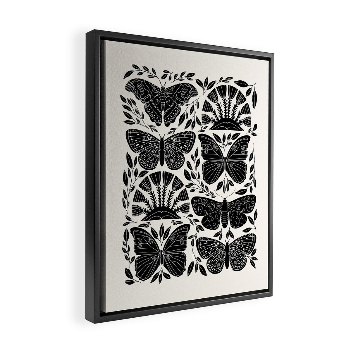 Black & White Retro, Folk Butterfly Framed Canvas Print Gallery Image 2