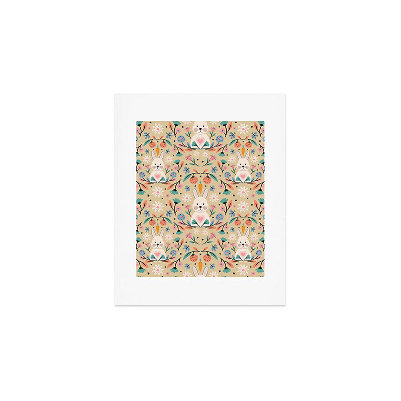 Bunny in the garden - cream pattern  Art Print Gallery Image 1