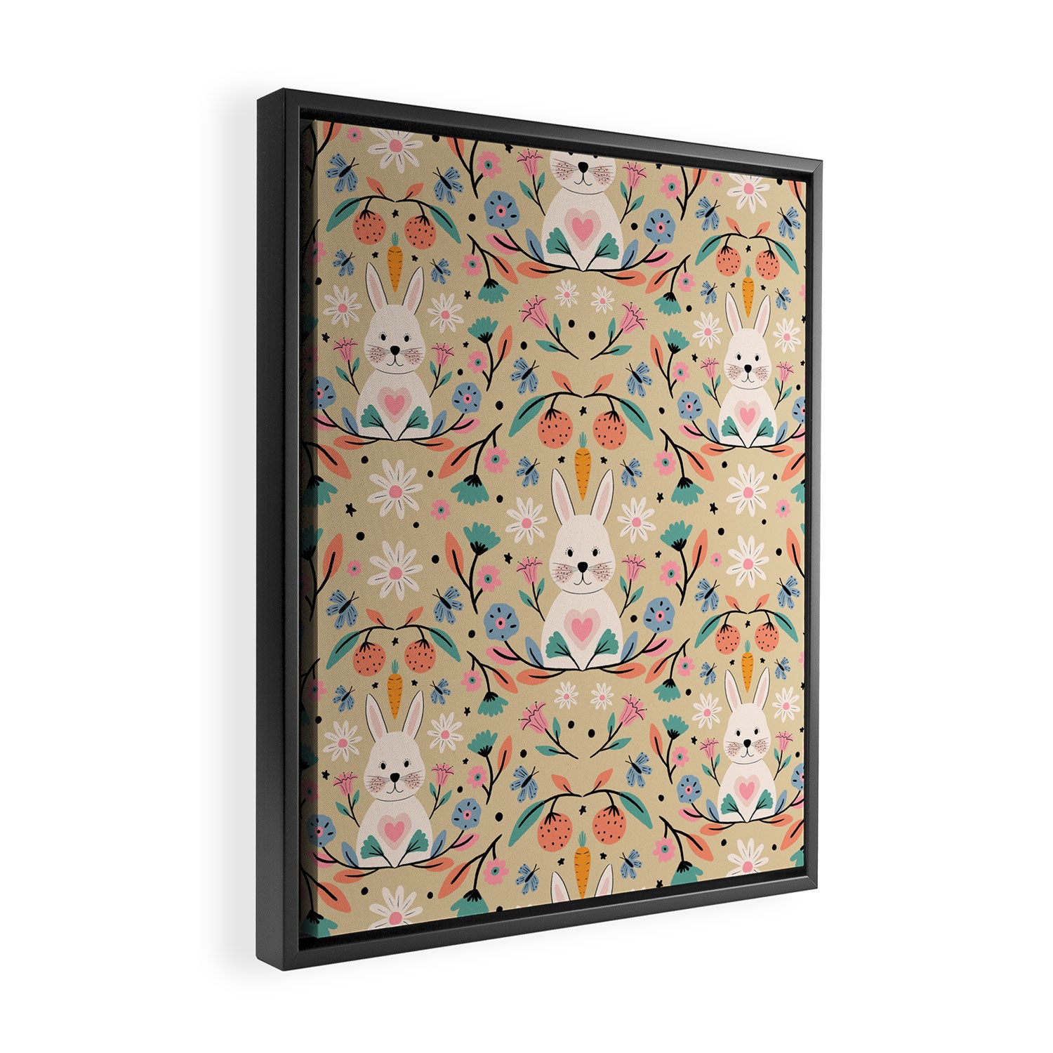 Bunny in the garden - cream pattern  Framed Canvas Print Gallery Image 2