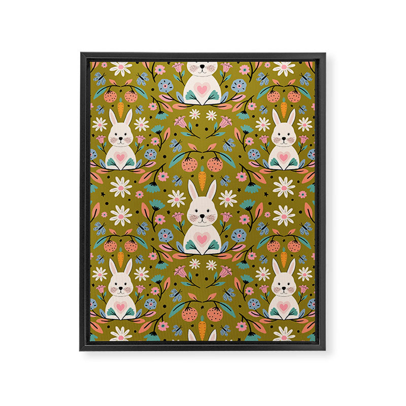 Bunny In The Garden - Ocre pattern  Framed Canvas Print Gallery Image 8