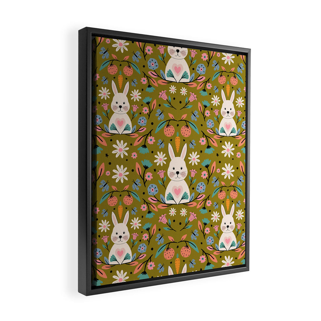 Bunny In The Garden - Ocre pattern  Framed Canvas Print Gallery Image 2