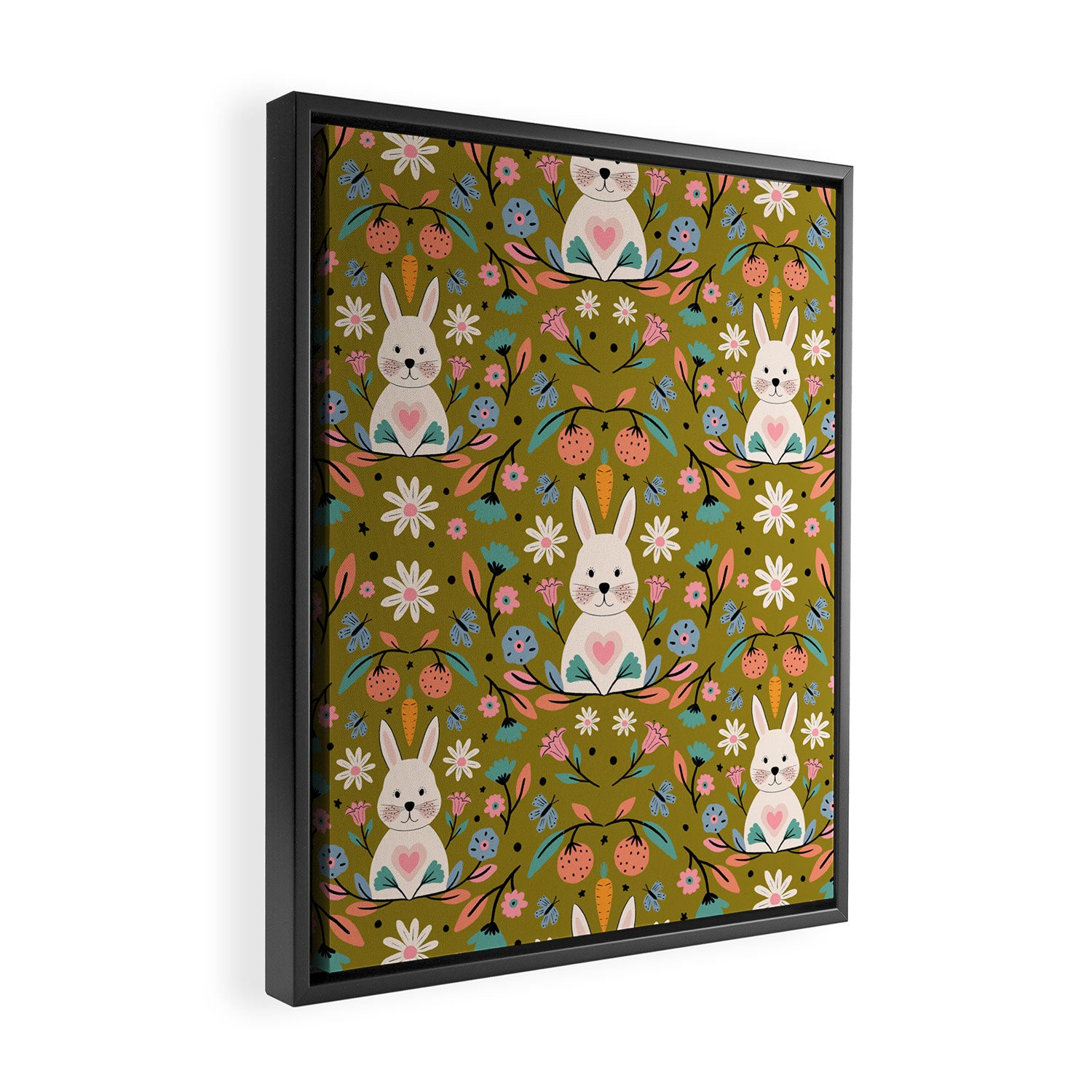 Bunny In The Garden - Ocre pattern  Framed Canvas Print Gallery Image 2