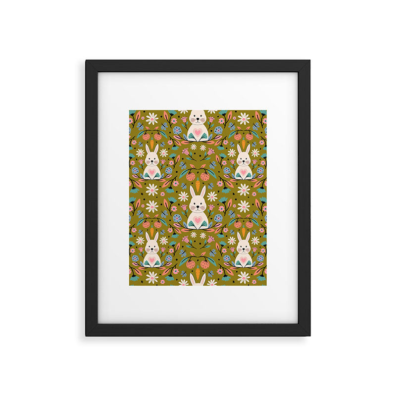 Bunny In The Garden - Ocre pattern  Framed Art Print Gallery Image 4