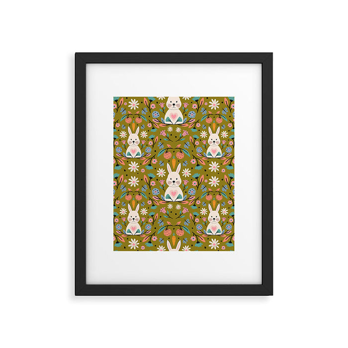 Bunny In The Garden - Ocre pattern  Framed Art Print Gallery Image 1