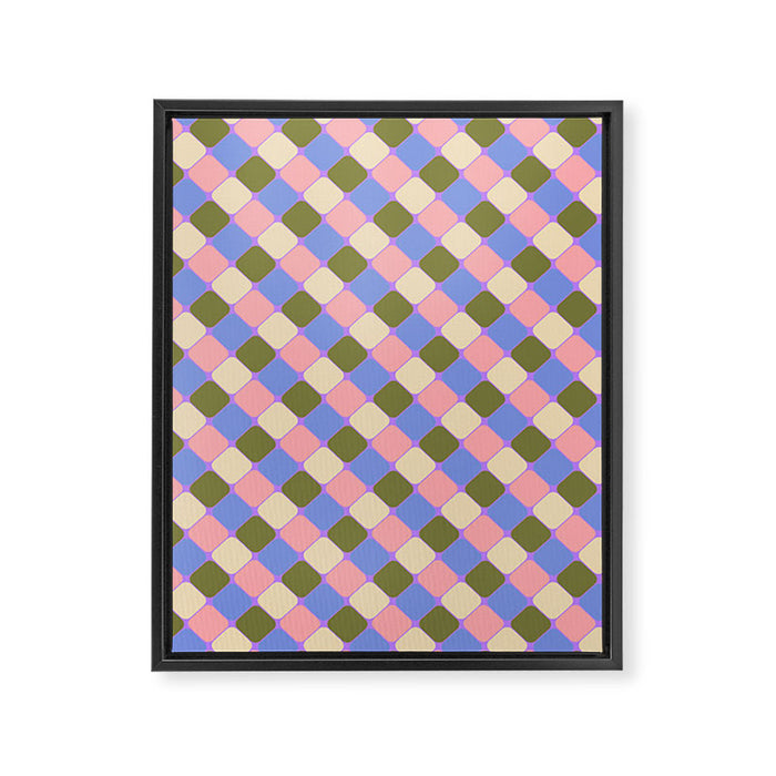 Checkered Geometric Shapes - Very Peri, Blue, Olive, Pink and Cream  Framed Canvas Print Gallery Image 1