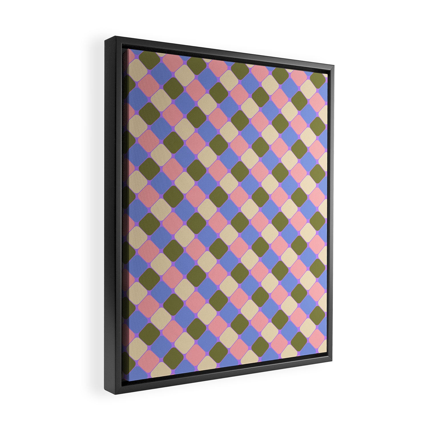 Checkered Geometric Shapes - Very Peri, Blue, Olive, Pink and Cream  Framed Canvas Print Gallery Image 2