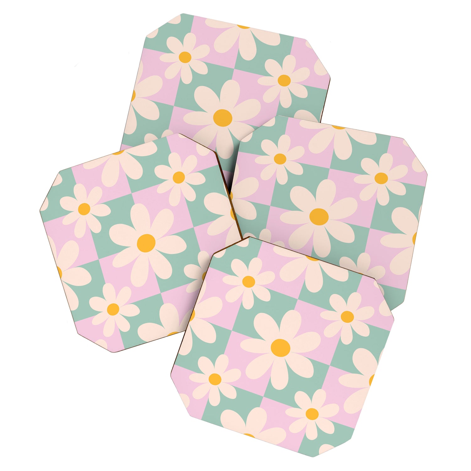Daisy checkered pattern - Lilac and turquoise  Coaster Gallery Image 1
