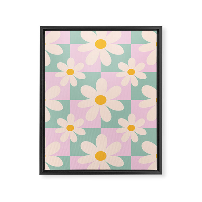 Daisy checkered pattern - Lilac and turquoise  Framed Canvas Print Gallery Image 1