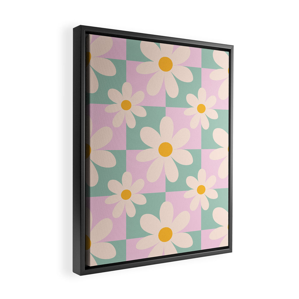 Daisy checkered pattern - Lilac and turquoise  Framed Canvas Print Gallery Image 2