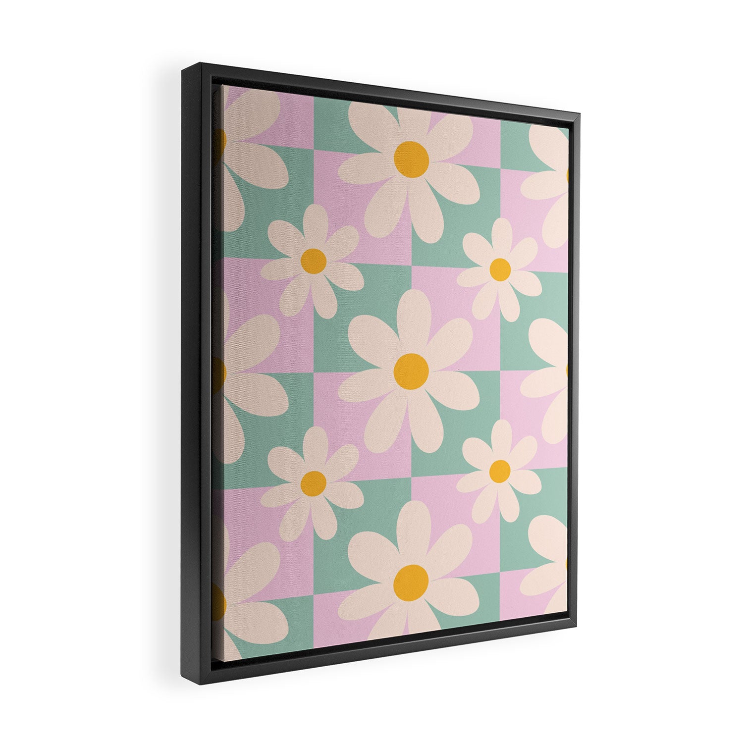 Daisy checkered pattern - Lilac and turquoise  Framed Canvas Print Gallery Image 2