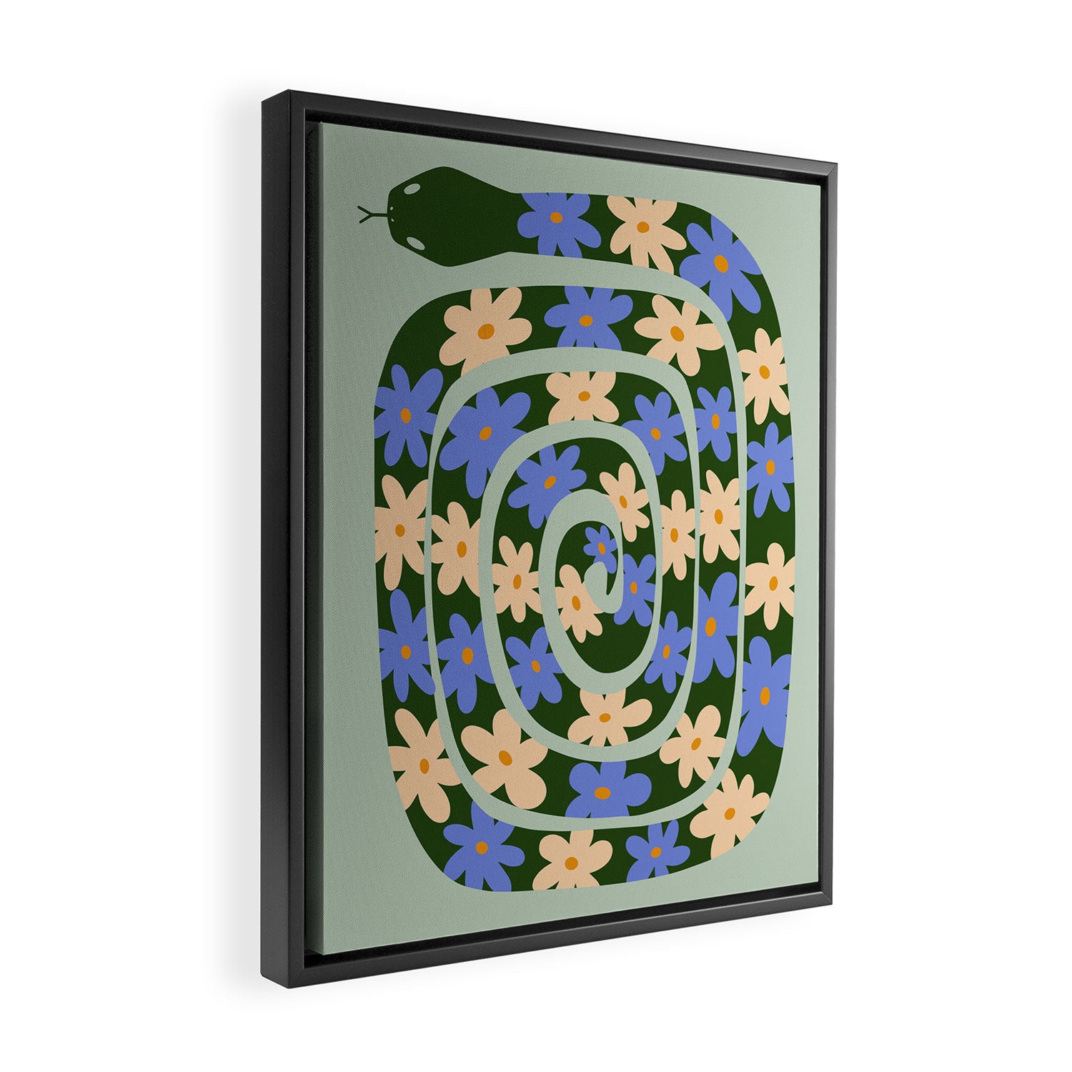 Flower Snake - Green, Blue and Off White Framed Canvas Print Gallery Image 2