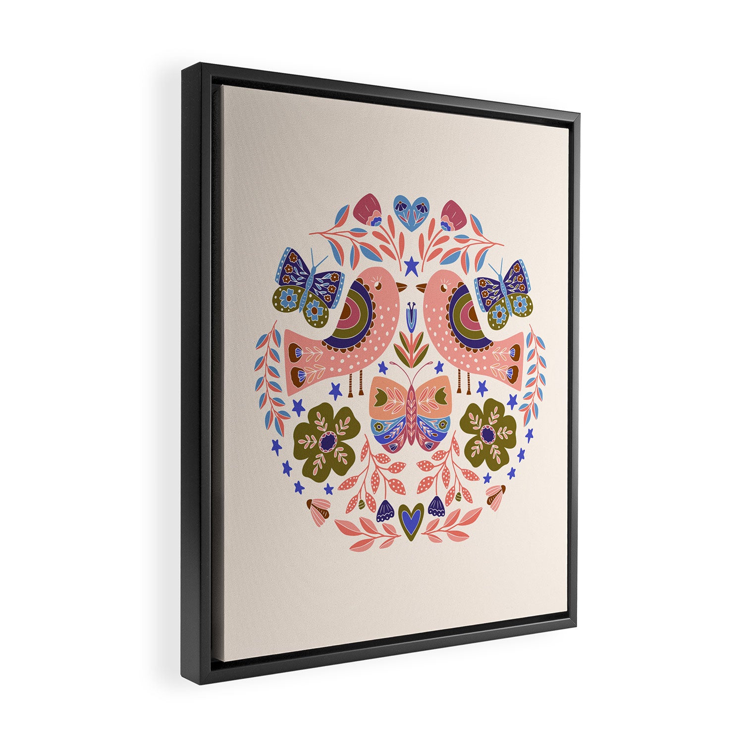 Folk Birds - Vintage Color Framed Canvas Print Gallery Image 2