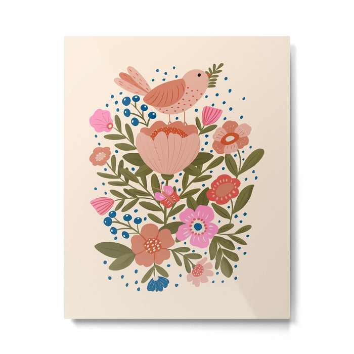 Folk Floral Bird  Metal Print Gallery Image 1