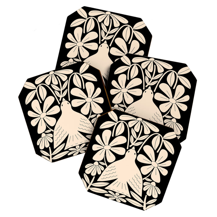 Freedom - Bird and Flower - Black and White  Coaster Gallery Image 1