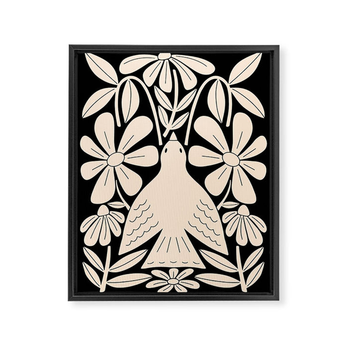 Freedom - Bird and Flower - Black and White  Framed Canvas Print Gallery Image 1