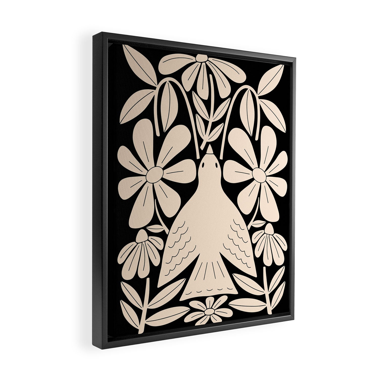Freedom - Bird and Flower - Black and White  Framed Canvas Print Gallery Image 2