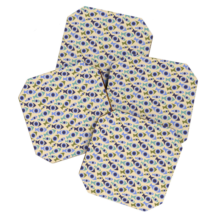 Geometric Fish Pattern - Blue and Olive Coaster Gallery Image 1