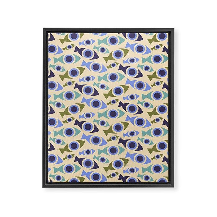 Geometric Fish Pattern - Blue and Olive Framed Canvas Print Gallery Image 1