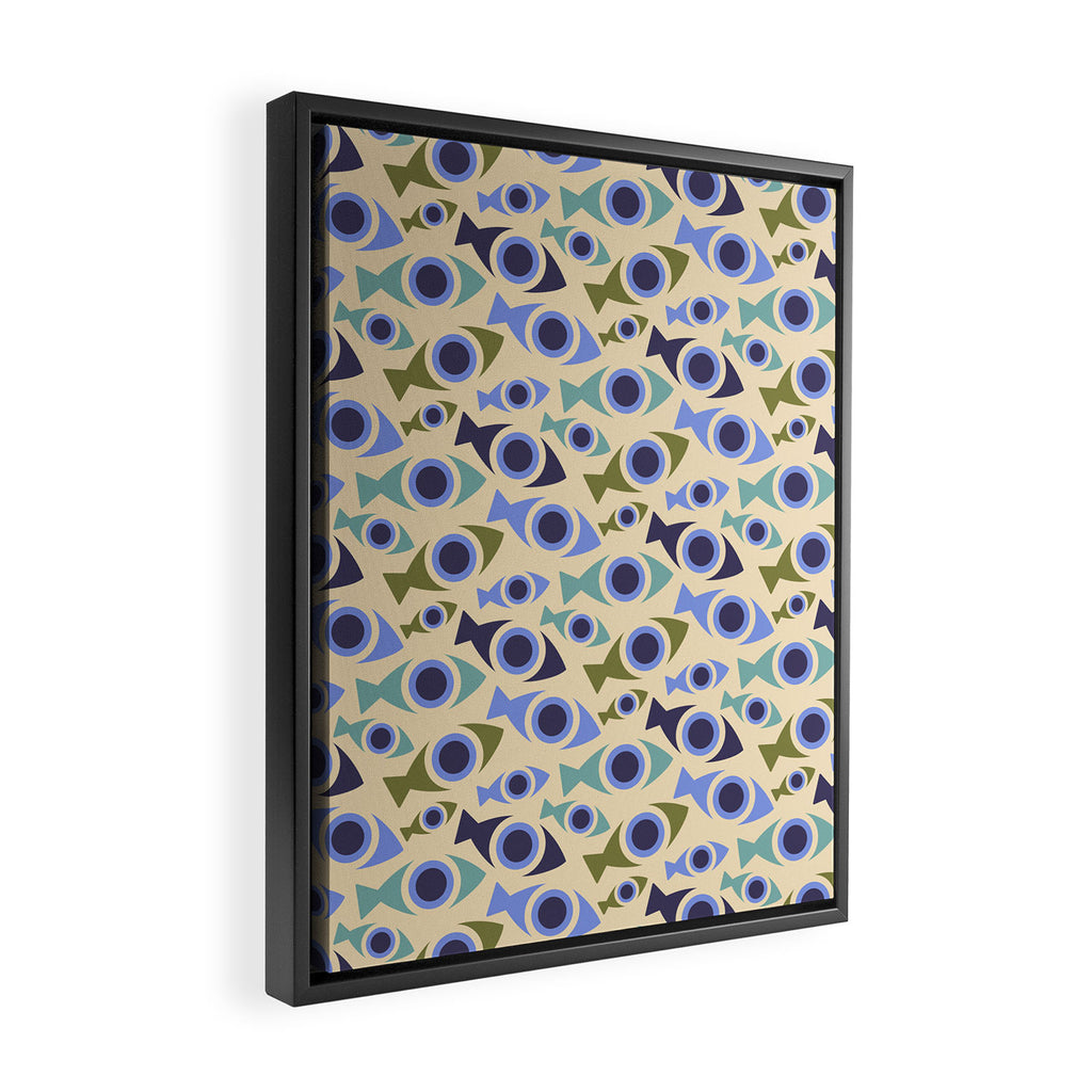 Geometric Fish Pattern - Blue and Olive Framed Canvas Print Gallery Image 2