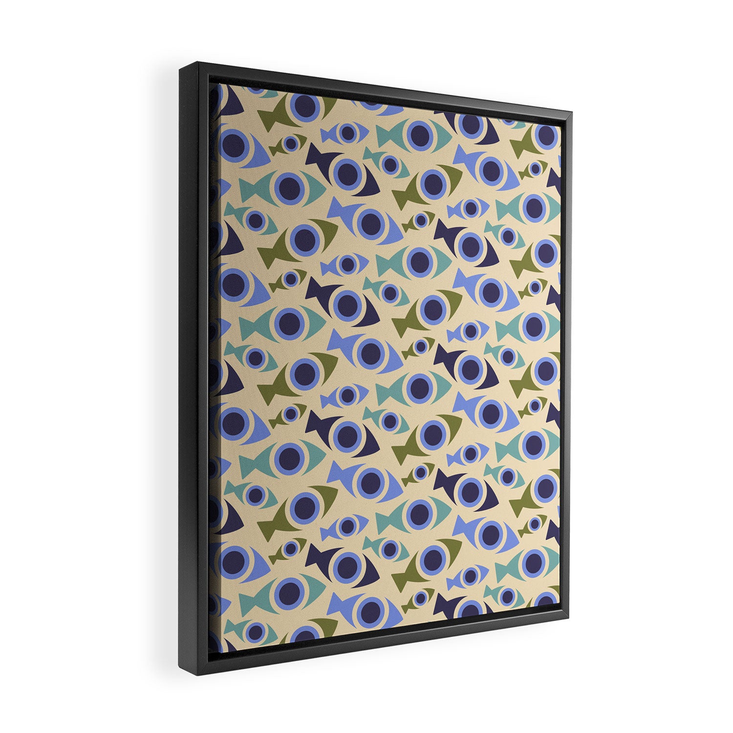 Geometric Fish Pattern - Blue and Olive Framed Canvas Print Gallery Image 2
