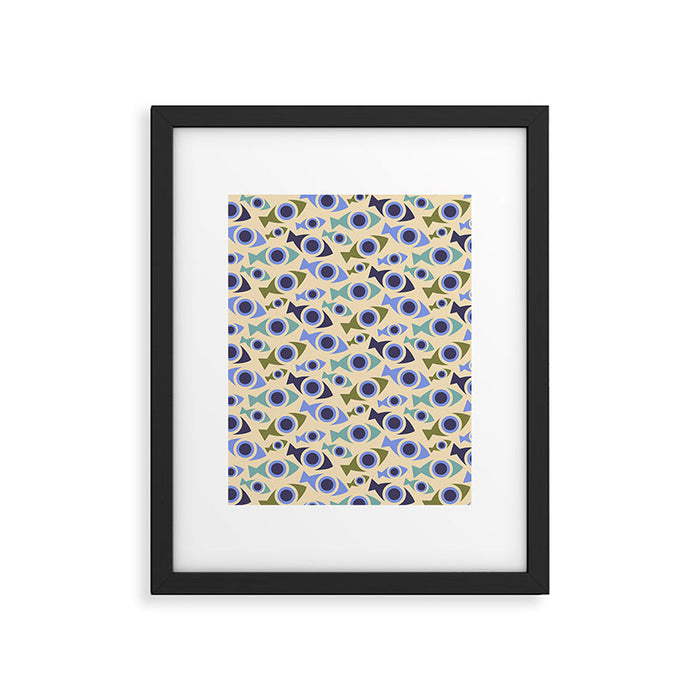 Geometric Fish Pattern - Blue and Olive Framed Art Print Gallery Image 1