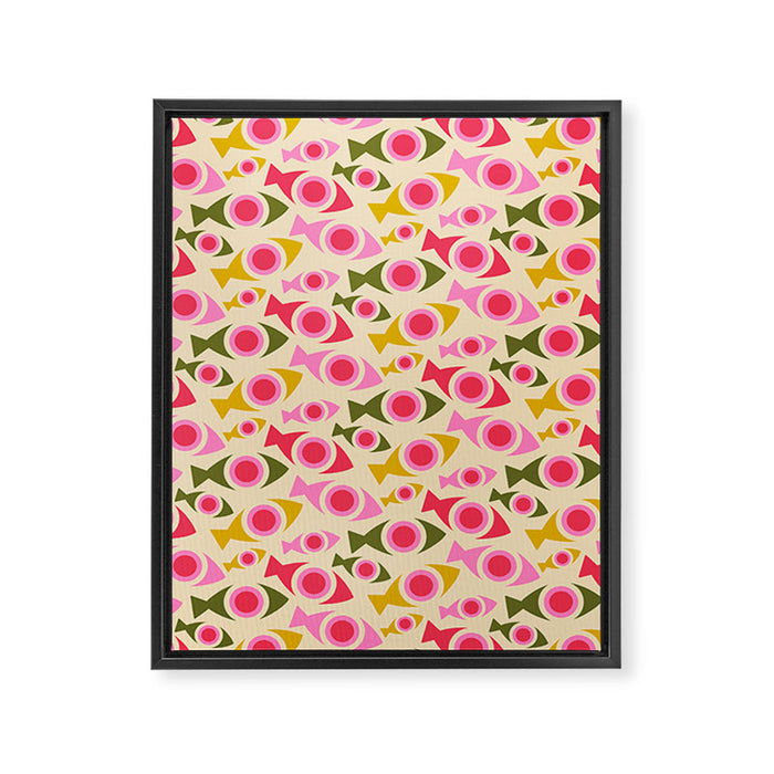 Geometric Fish Pattern - Red, Pink, Yellow, Olive Framed Canvas Print Gallery Image 1