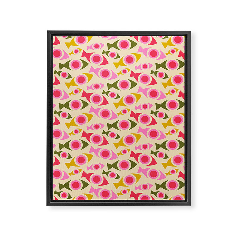 Geometric Fish Pattern - Red, Pink, Yellow, Olive Framed Canvas Print Gallery Image 8