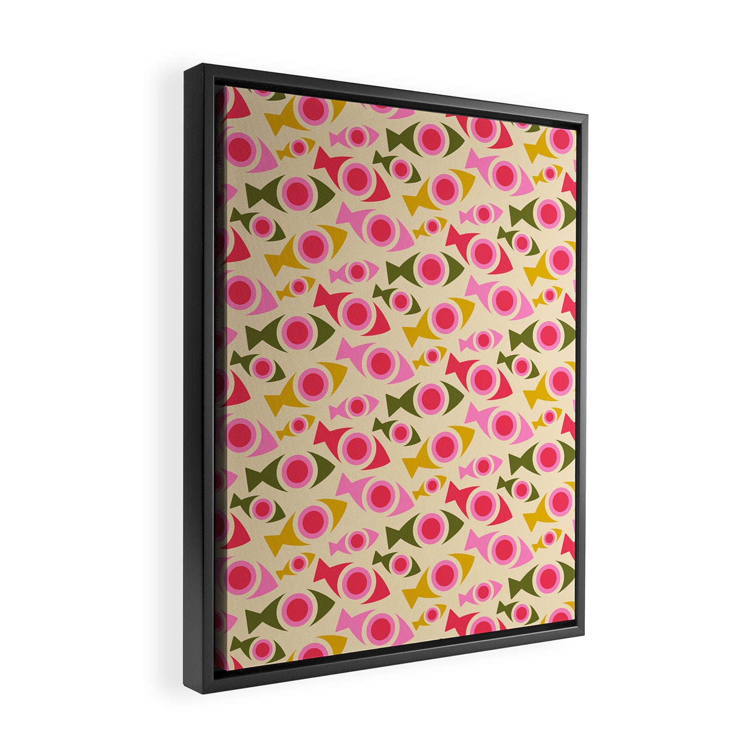Geometric Fish Pattern - Red, Pink, Yellow, Olive Framed Canvas Print Gallery Image 2