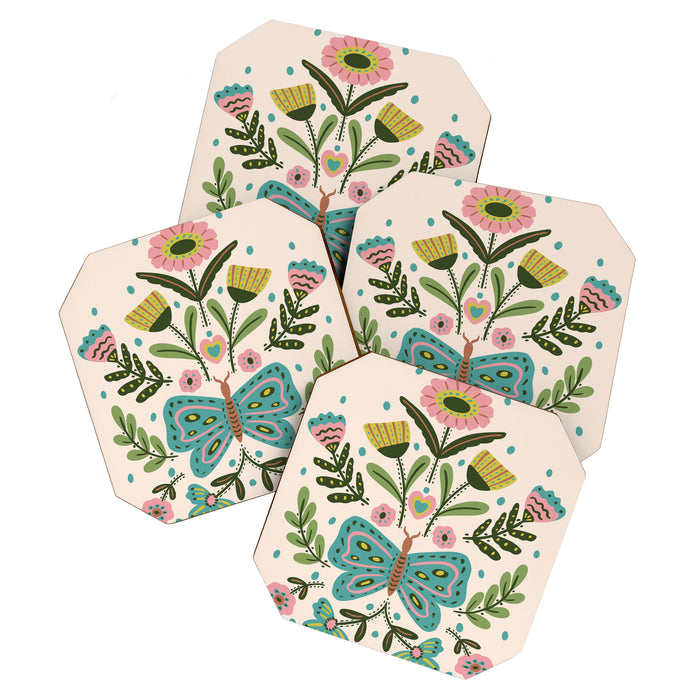 Green and Pink Butterfly Folk Art Illustration  Coaster Gallery Image 1
