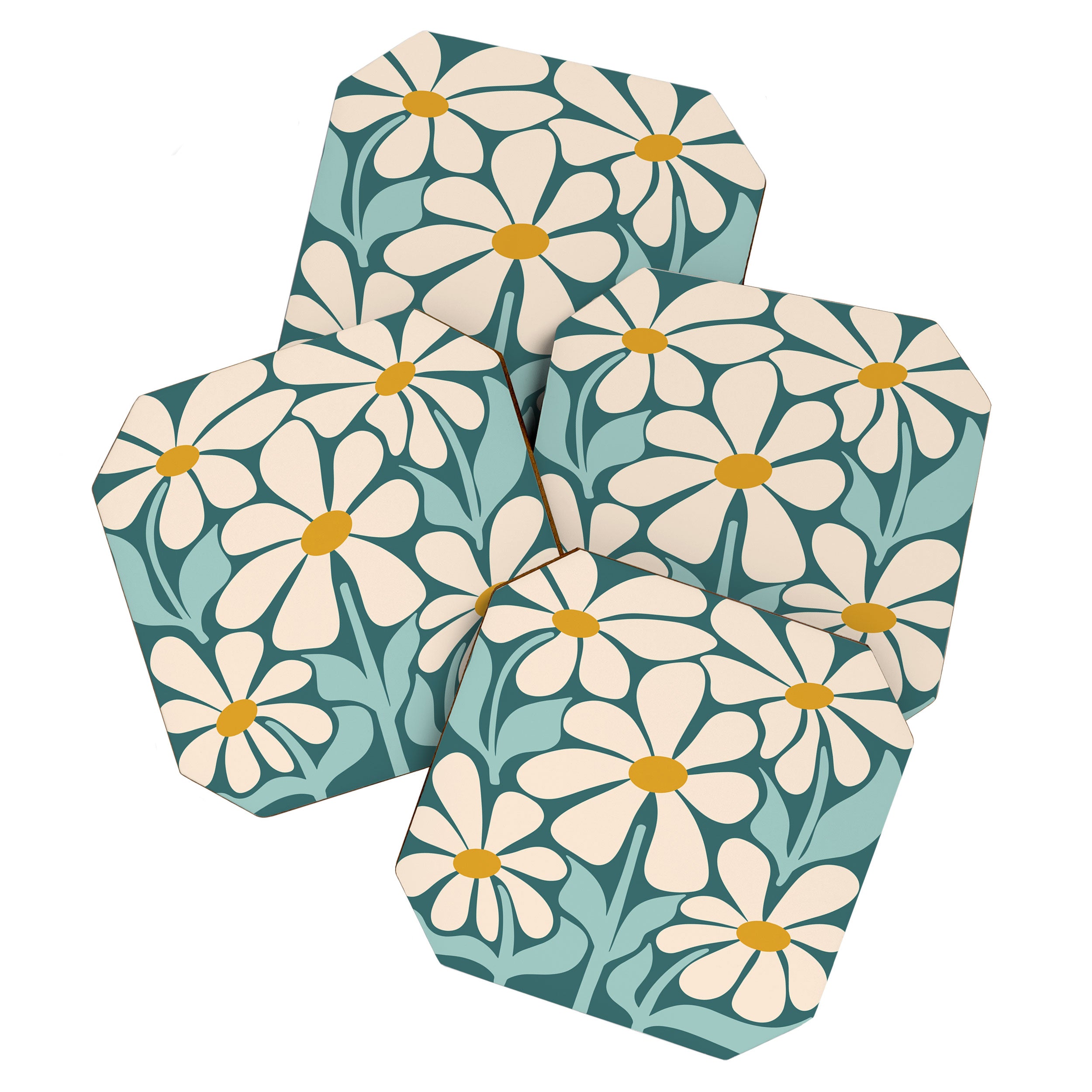 Oh, Daisy! Teal, off-white, yellow Coaster Gallery Image 1