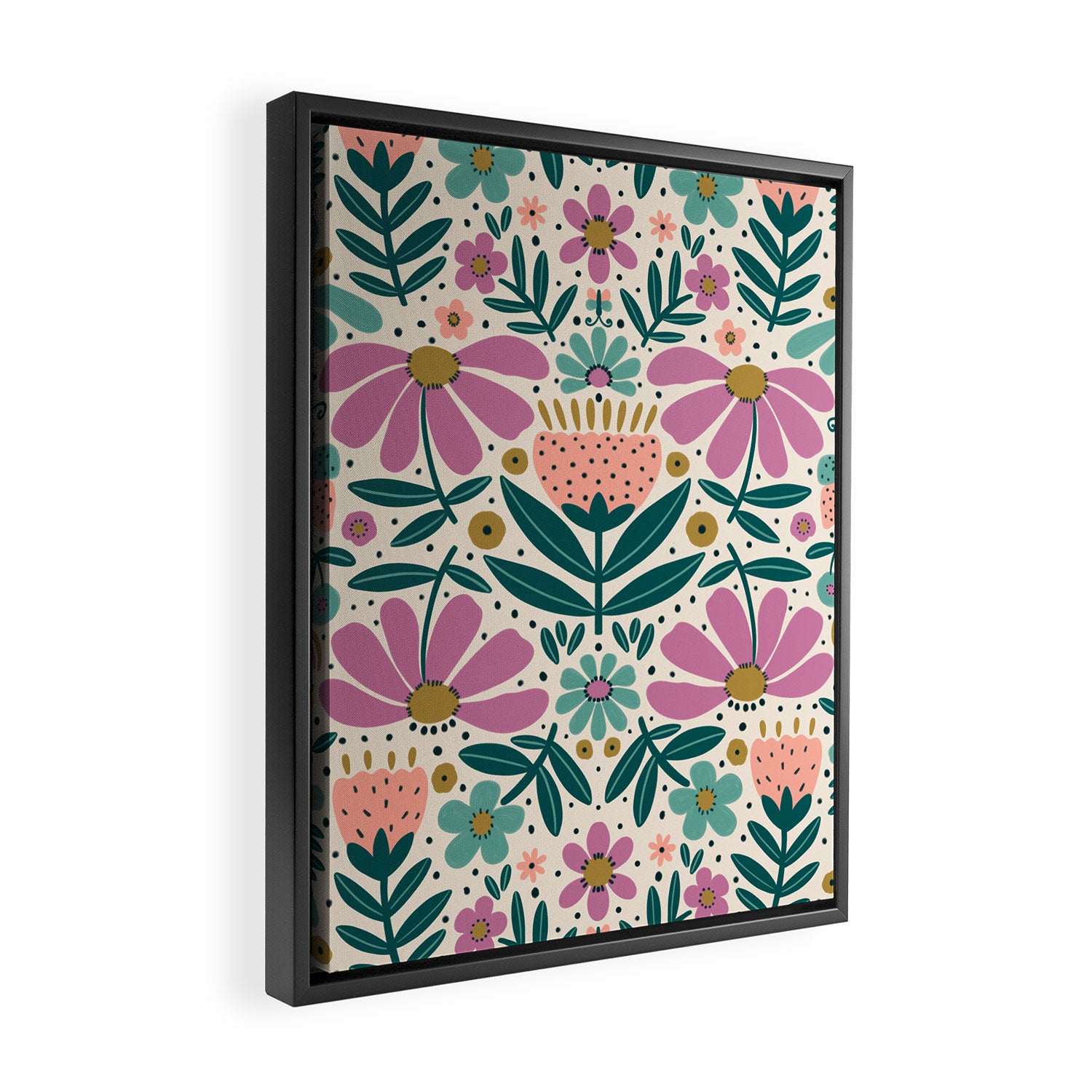 Pretty Floral - Lilac, Turquoise, Pink Framed Canvas Print Gallery Image 2