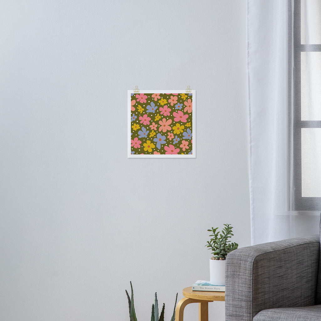 Retro Daisies - dark background  Art Print Gallery Image 3