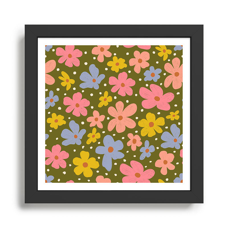 Retro Daisies - dark background  Framed Art Print Gallery Image 1