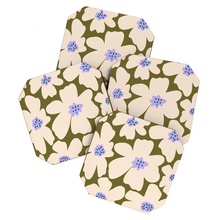 Retro Daisy - cream, purple and dark olive  Coaster Gallery Image 1