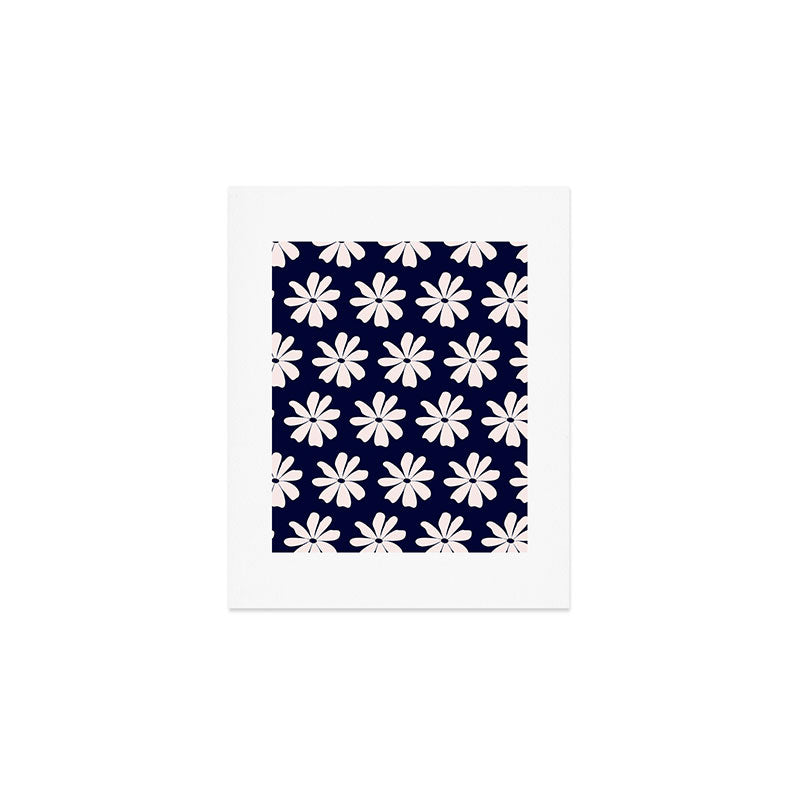 Retro Daisy  Pattern - White and Navy  Art Print Gallery Image 1
