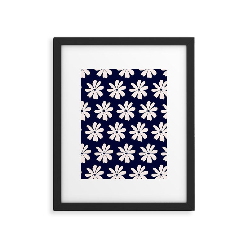 Retro Daisy  Pattern - White and Navy  Framed Art Print Gallery Image 6