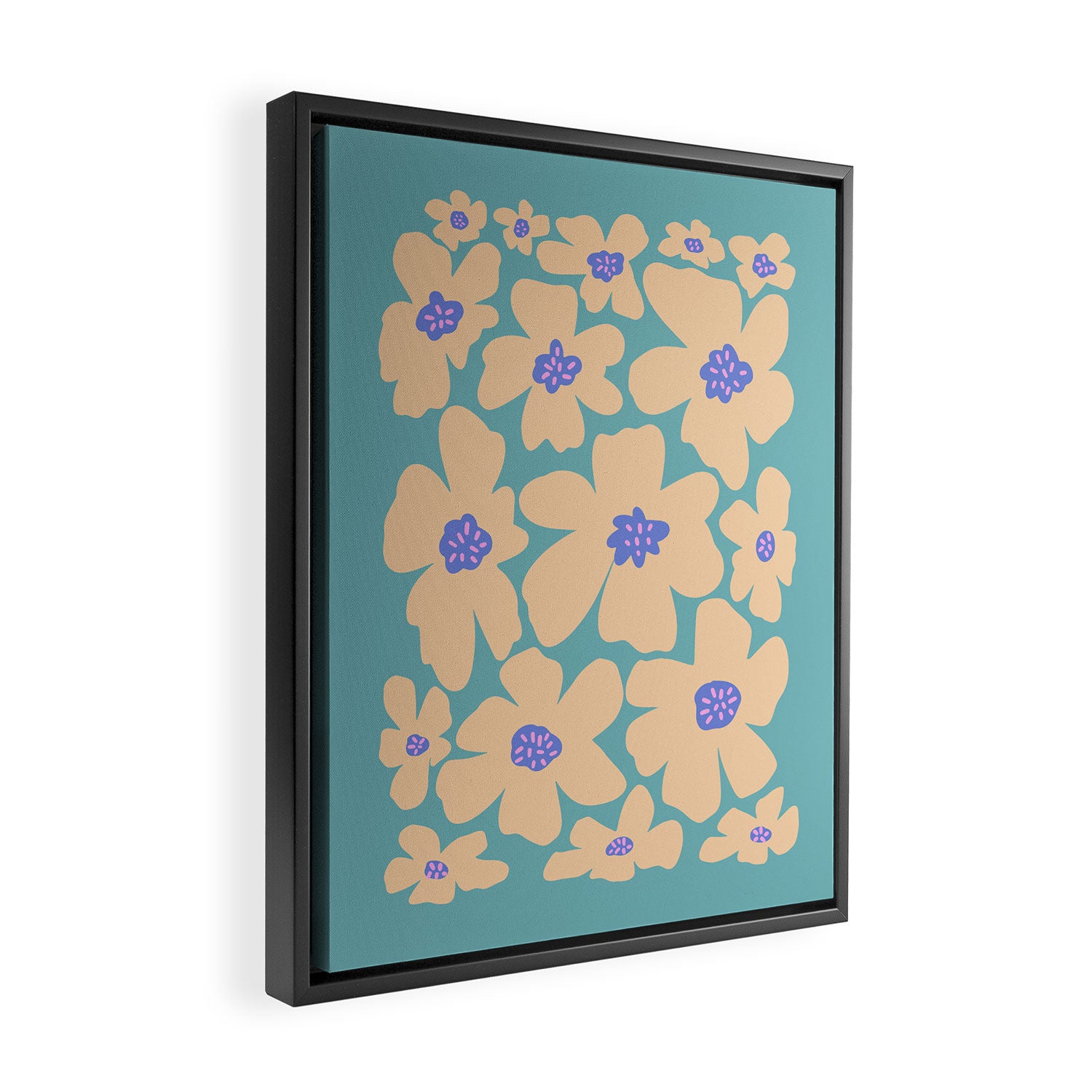 Retro Daisy - Turquoise, Very Peri, Pink, cream Framed Canvas Print Gallery Image 2
