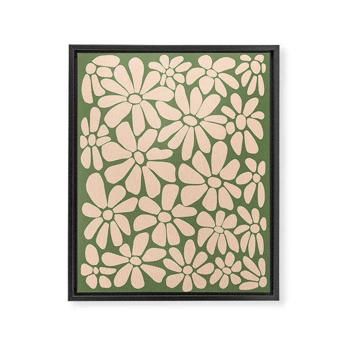 Retro Floral - Green and Cream  Framed Canvas Print Gallery Image 1