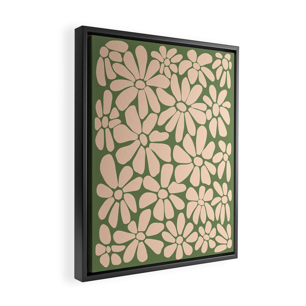 Retro Floral - Green and Cream  Framed Canvas Print Gallery Image 2