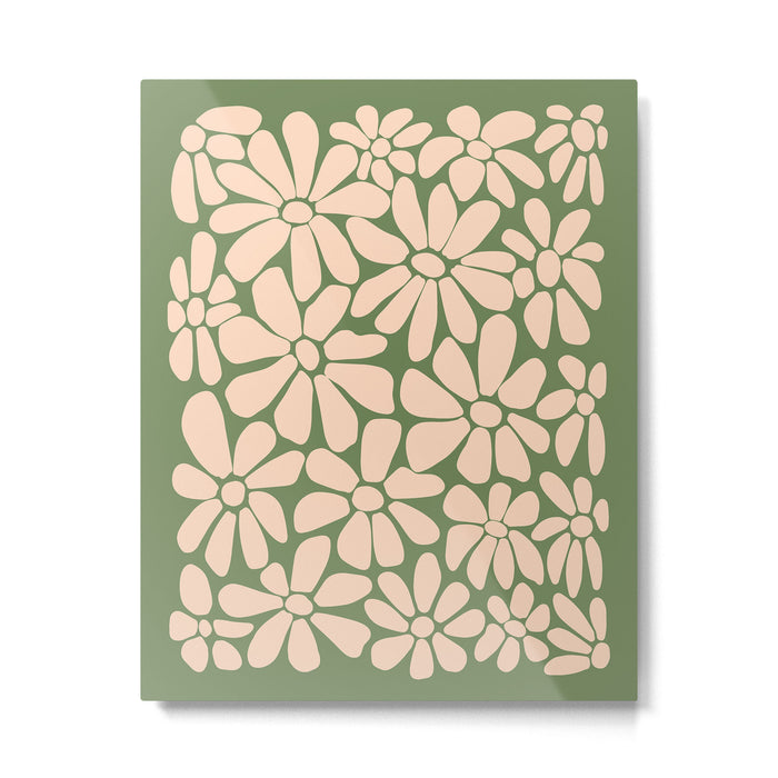 Retro Floral - Green and Cream  Metal Print Gallery Image 1